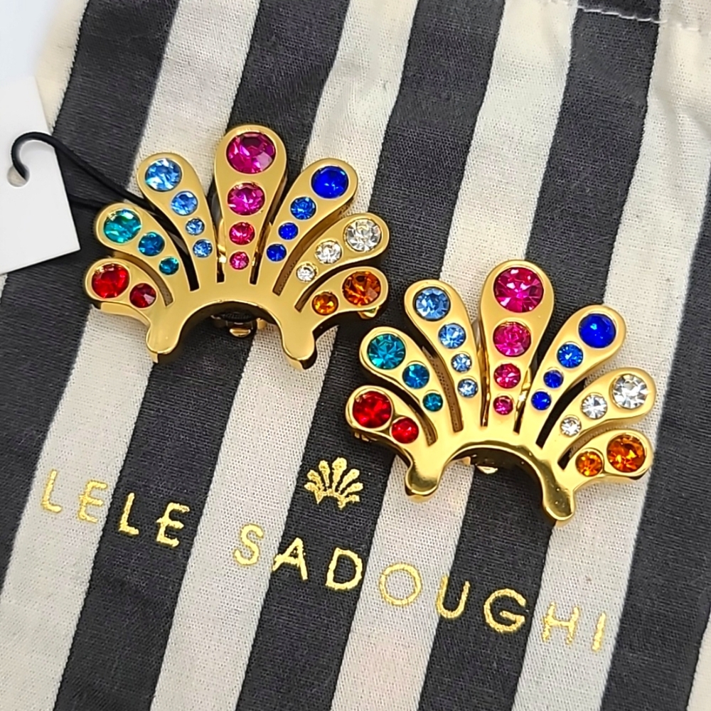 Lele Sadoughi Gold Crystal Fan Button Clip On Earrings